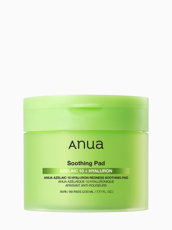 Anua Azelaic 10 Hyaluron Redness Soothing Pad jar showing the innovative, stretchable green-tinted fabric pads designed for custom-fit targeted calming.  