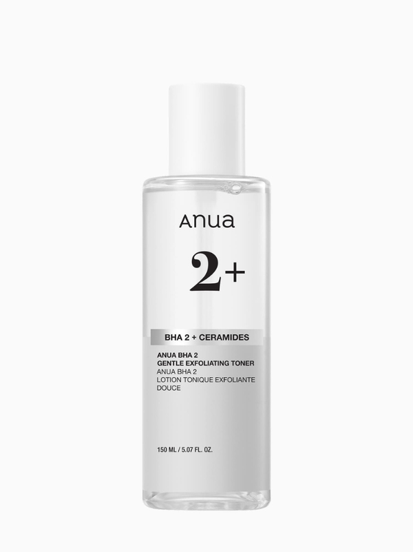 Anua BHA 2% Gentle Exfoliating Toner 150ml bottle standing upright next to its clean, minimalist packaging.