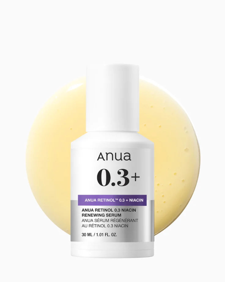 NUA Retinol 0.3% + Niacin Renewing Serum 30ml dropper bottle and outer box packaging. K-Beauty anti-aging serum for fine lines and skin renewal.