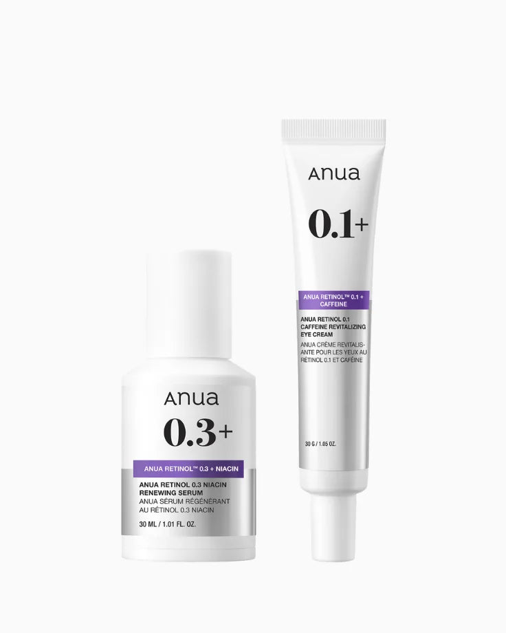 ANUA Retinol 0.3% + Niacin Renewing Serum, a K-Beauty anti-aging serum for fine lines, wrinkles, enlarged pores, and skin texture refinement. Contains Niacinamide 5%.
