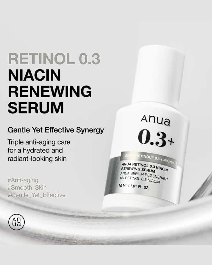 Close-up of ANUA Retinol 0.3% Niacin Renewing Serum droplet on skin, highlighting its smooth, non-greasy texture for pore refinement and skin cycling.