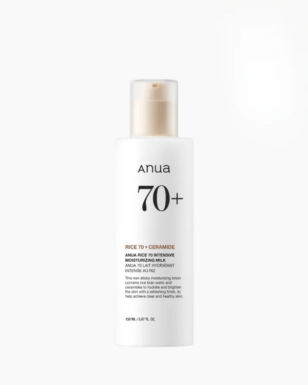 ANUA Rice 70% Intensive Moisturizing Milk bottle and box for Dry to Normal skin
