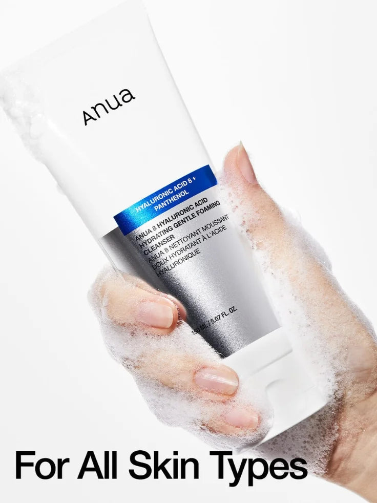 Clinical results of ANUA 8 Hyaluronic Acid Cleanser - 89% sebum reduction, 72% moisture boost, and 99% improved glow.
