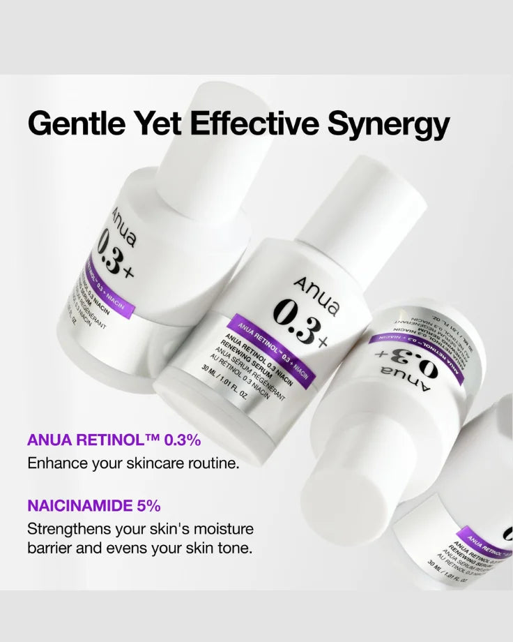 ANUA Retinol 0.3% Niacin Renewing Serum placed next to other skincare products in a routine for gentle, effective anti-aging and deep hydration support.