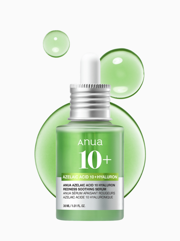 Anua Azelaic Acid 10% Hyaluron Redness Soothing Serum 30ml bottle, white and green, with dropper.