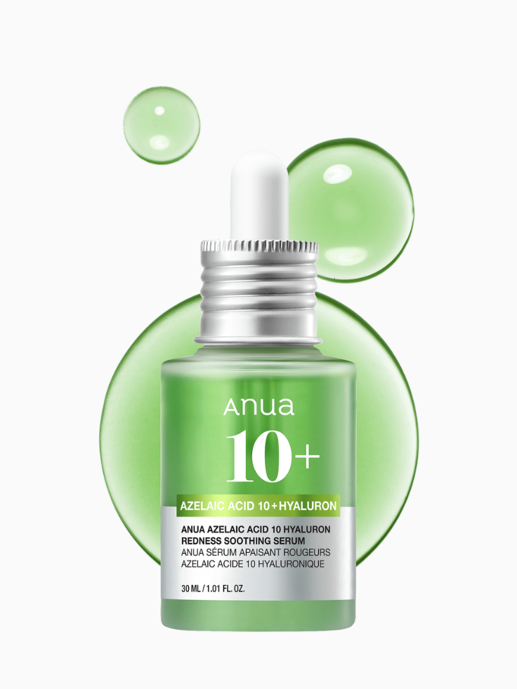 Anua Azelaic Acid 10% Hyaluron Redness Soothing Serum 30ml bottle, white and green, with dropper.