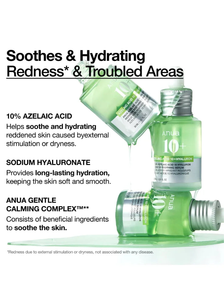 Anua Azelaic Acid serum being applied, highlighting its soothing and hydrating benefits.