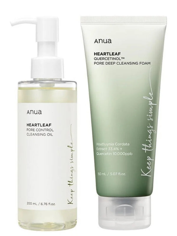ANUA Double Cleansing Duo Set for Pore Control and Clear Skin. Heartleaf Cleansing Oil and Cleansing Foam for Deep Cleansing and Blackhead removal.
