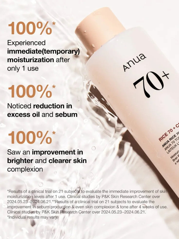 Anua Rice 70 Glow Milky Toner in use - hydrating and brightening effects.
