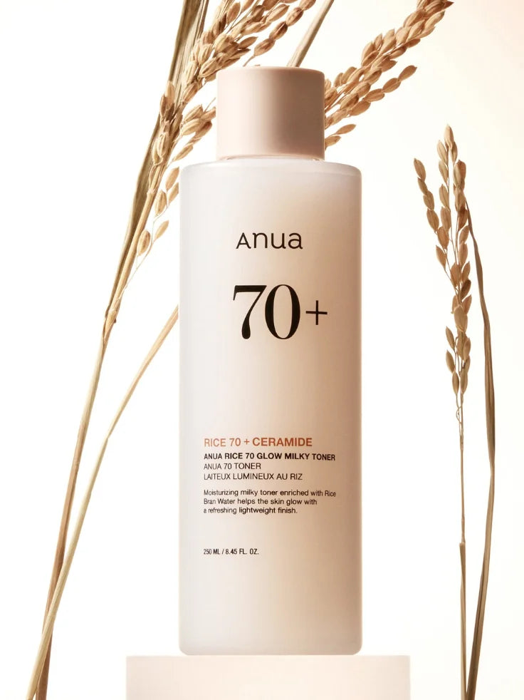 Anua Rice 70 Glow Milky Toner in use - hydrating and brightening effects.