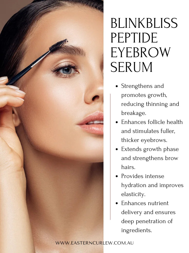 Key benefits of BlinkBliss Peptide Eyebrow Serum, including natural growth, nourishment, and thicker brows.