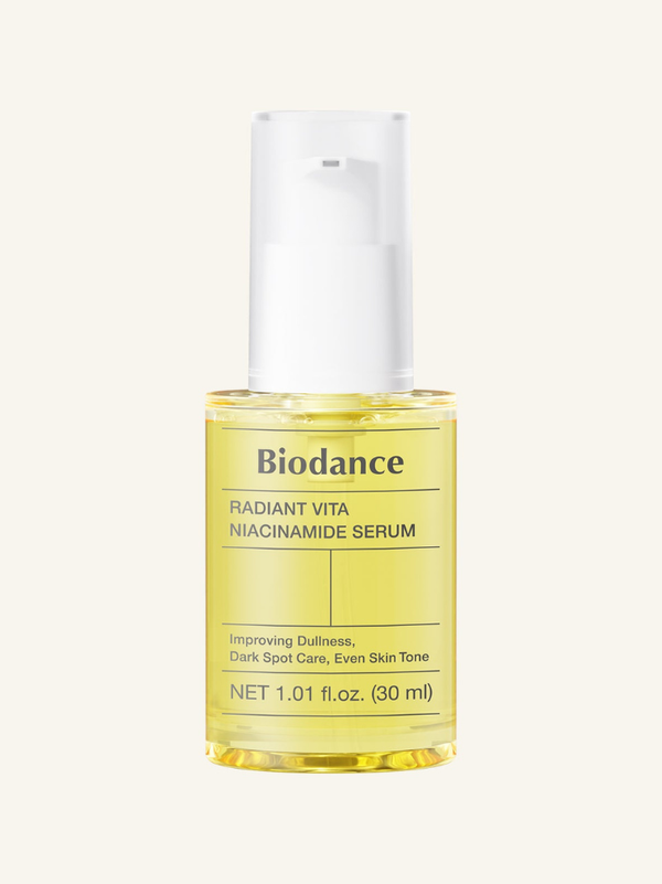 Biodance Radiant Vita Niacinamide Serum 30ml bottle showcasing its clear, light-fluid brightening formula for uneven skin tones.