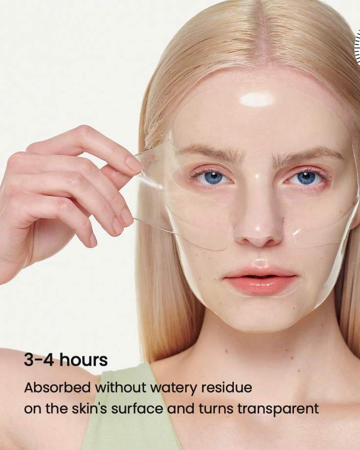 Close-up of the clear, melting hydrogel sheet mask, illustrating how it turns transparent as the essence is absorbed into the skin.