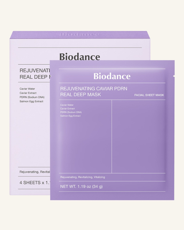 The Biodance Rejuvenating Caviar PDRN Real Deep Mask premium black 4-pack box next to an unwrapped hydrogel mask sheet.
