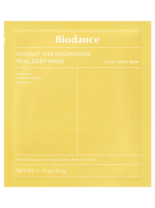A single Biodance Radiant Vita Niacinamide Real Deep Mask sachet, with a white and yellow design, showing the product name and key ingredients like Niacinamide.
