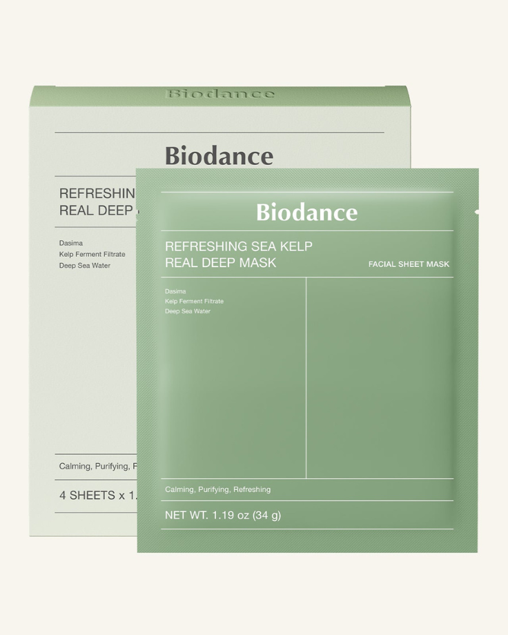 Biodance Refreshing Sea Kelp Real Deep Mask product box, featuring green and white ocean-themed packaging.