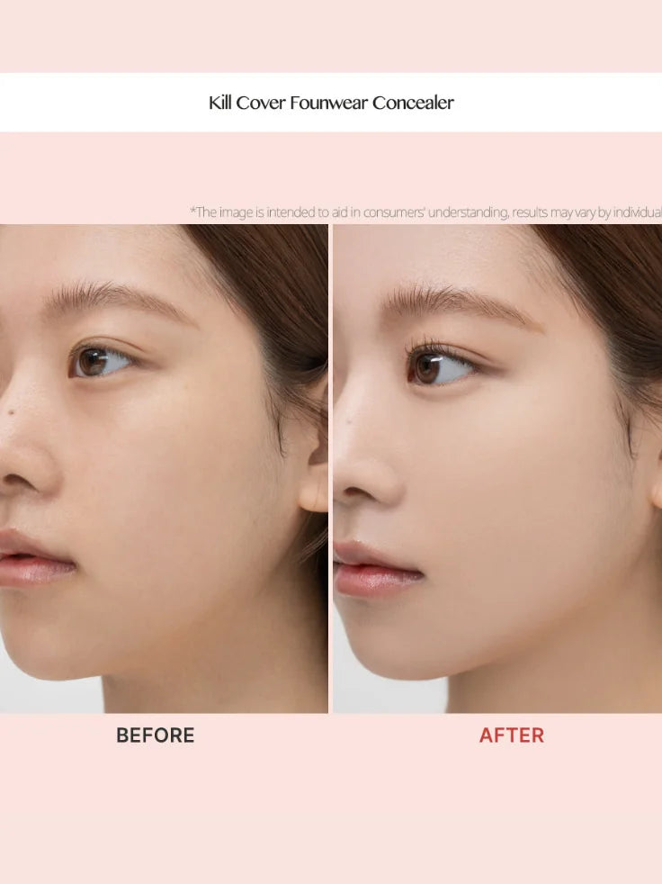 Before and after photo demonstrating the high coverage ability of CLIO Concealer on dark circles for a brightened, seamless look.