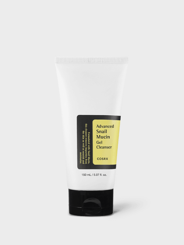 COSRX Advanced Snail Mucin Gel Cleanser 150ml tube showing the clear gel-to-foam texture.