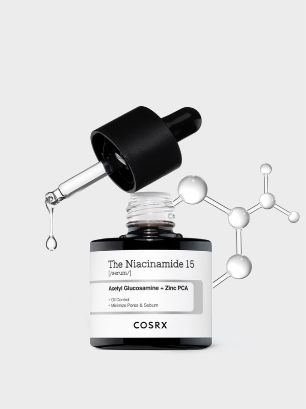 COSRX The Niacinamide 15 Serum 20ml dropper bottle with a clinical, minimalist design.