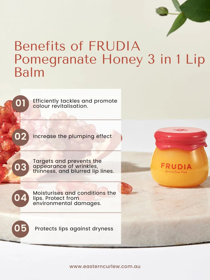 Benefits of FRUDIA POMEGRANATE HONEY 3 IN 1 LIP BALM 10ML