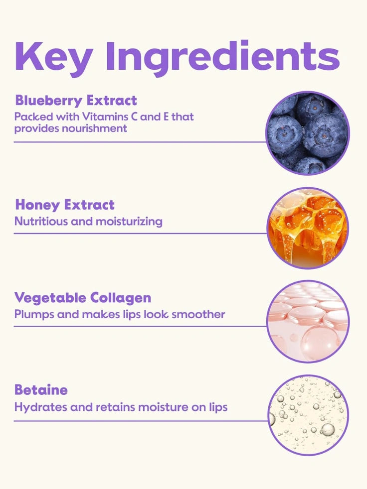 Key ingredients of Frudia Blueberry Hydrating Honey Lip Balm: honey, blueberry, and collagen.