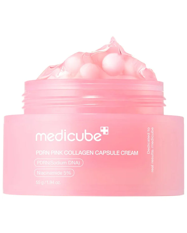 MEDICUBE PDRN Pink Collagen Capsule Cream jar showing pink and clear dual formula.