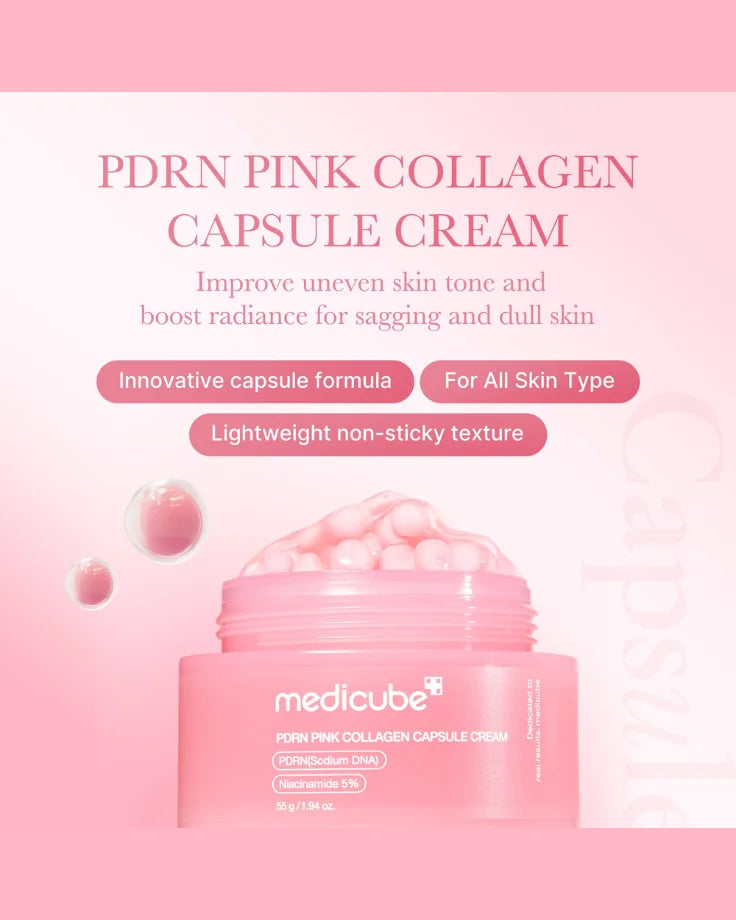 Infographic detail of the key ingredients: PDRN (Salmon DNA), Pink Collagen, and Niacinamide benefits.
