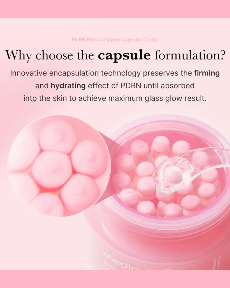 Close-up of the PDRN Pink Collagen Capsule Cream texture, showing the moisturizing pink capsules suspended in the transparent gel.