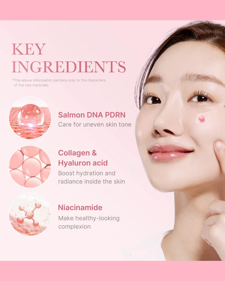 Model's face after two weeks of using PDRN Pink Collagen Cream showing improved firmness and "glass skin" glow.