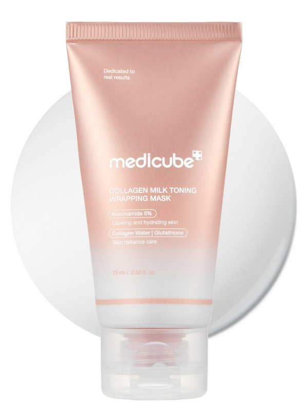 Medicube Collagen Milk Toning Wrapping Mask 75ml tube in a clean, professional clinical setting.