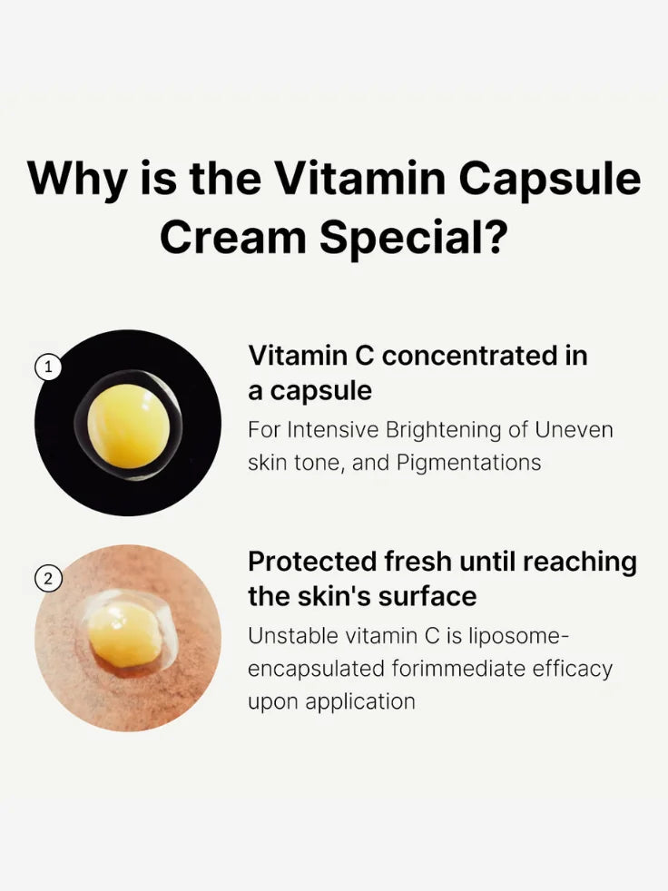 Medicube Deep Vita C Capsule Cream - Visual representation of Vitamin C capsules and Sea Buckthorn Extract in the formula.