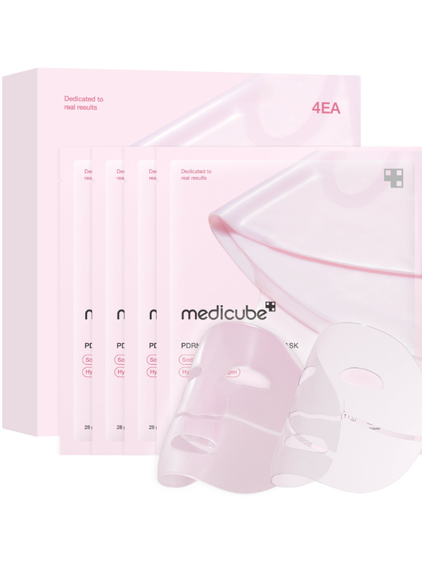 Medicube PDRN Pink Collagen Gel Mask dual-piece hydrogel sheet on a clinical background.
