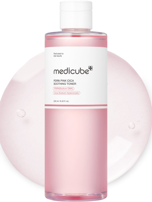 Bottle of Medicube PDRN Pink Peptide Toner showing the naturally pink essence liquid for skin firming.