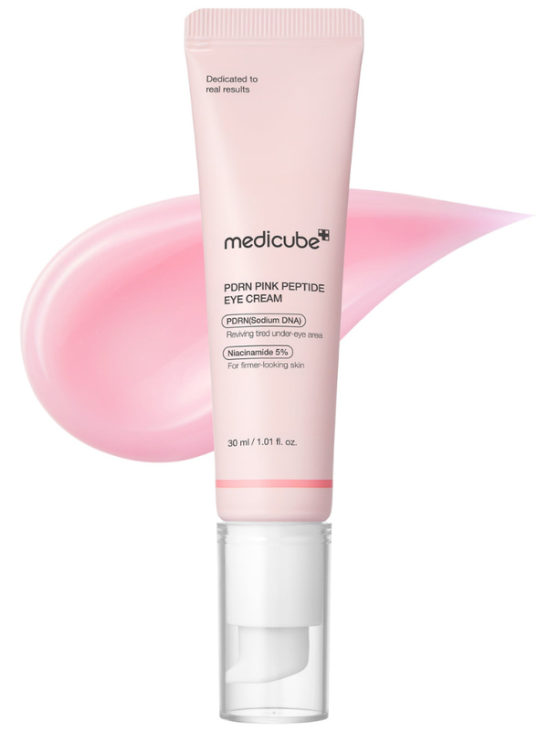 Medicube PDRN Pink Peptide Eye Cream tube with precision applicator for targeted under-eye treatment.