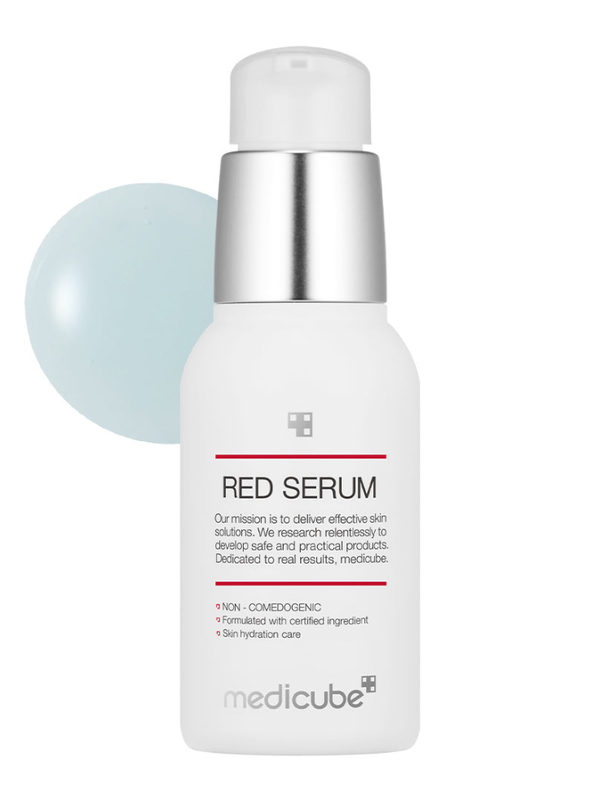 Medicube Red Serum 30ml clinical pump bottle with red and white medical-grade packaging.
