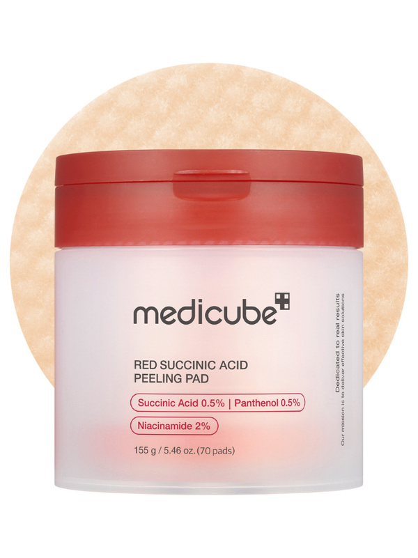 Medicube Red Succinic Acid Panthenol Pads jar with 70 clinical-grade exfoliating pads.