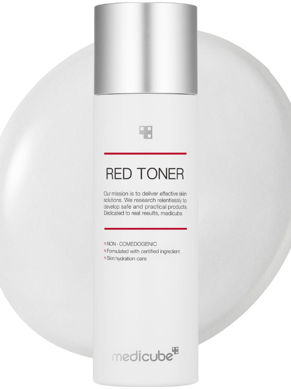 Medicube Red Toner 100ml bottle for acne-prone skin with clinical white and red packaging.
