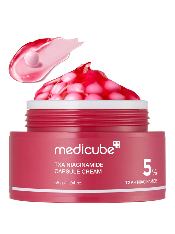 Medicube TXA Niacinamide Capsule Cream 55g jar showing red capsules in clear brightening gel.