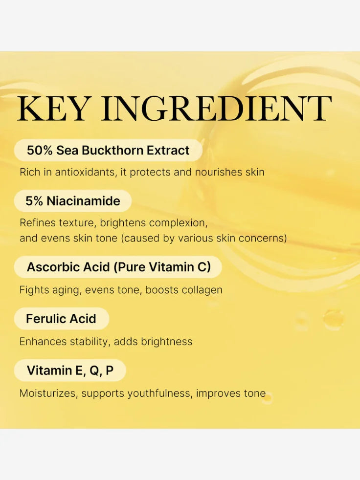 Medicube Deep Vita C Capsule Cream - Visual representation of Vitamin C capsules and Sea Buckthorn Extract in the formula.