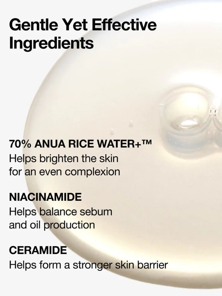 Close-up of Anua Rice 70 Glow Milky Toner texture showing milky formula.
