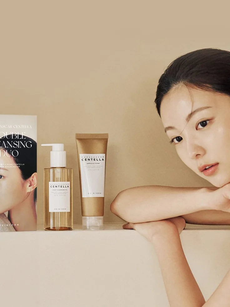 Model using SKIN1004 Madagascar Centella Double Cleansing Duo for Radiant Skin