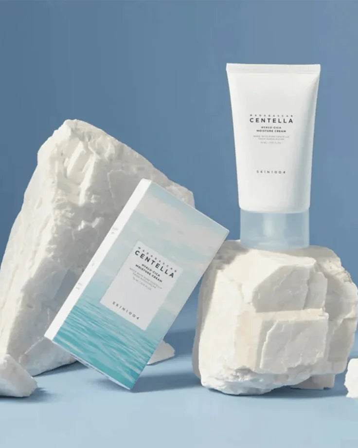 Studio shot of the SKIN1004 Moisture Cream packaging, highlighting the Centella Asiatica and Hyaluronic Acid ingredients.