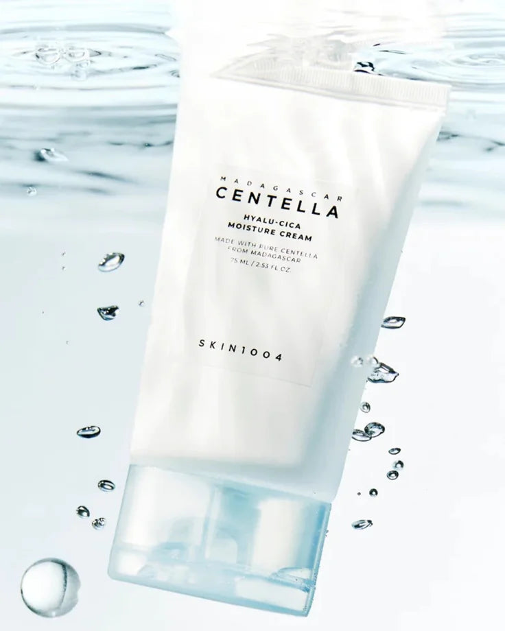 Close-up of the Hyalu-Cica Moisture Cream texture, emphasizing its lightweight, non-greasy finish. Contains Phyto Collagen for elasticity.