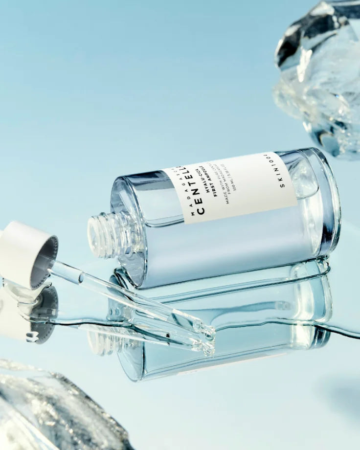 Product displayed as a Step 0 essence: The Madagascar Centella Hyalu-Cica First Ampoule strengthening the skin barrier and instantly soothing dry skin.