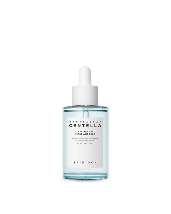 SKIN1004 Madagascar Centella Hyalu-Cica First Ampoule serum in a glass dropper bottle. K-Beauty formula for sensitive skin and deep hydration.