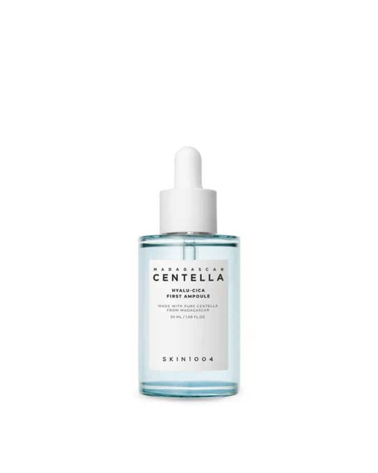 SKIN1004 Madagascar Centella Hyalu-Cica First Ampoule serum in a glass dropper bottle. K-Beauty formula for sensitive skin and deep hydration.