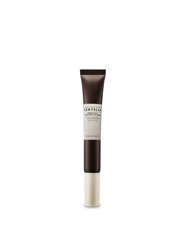 A studio shot of the SKIN1004 Madagascar Centella Probio-Cica Bakuchiol Eye Cream tube, with the brand and product name clearly visible.