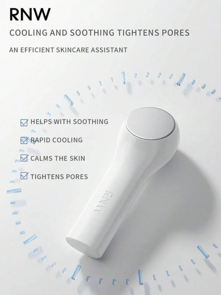 A hand holding The Cryo-Sculpt Cooling Facial Massager, highlighting its comfortable grip and compact size, perfect for at-home use.