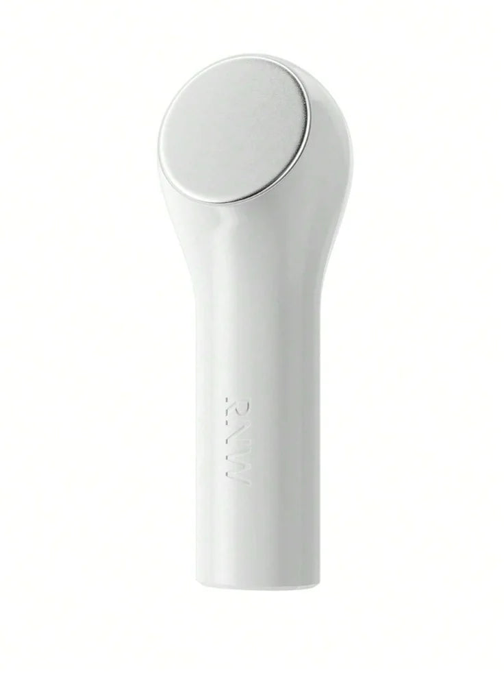 A close-up of The Cryo-Sculpt Cooling Facial Massager, showcasing its sleek, silver-toned stainless steel head and ergonomic handle, against a clean, minimalist background.