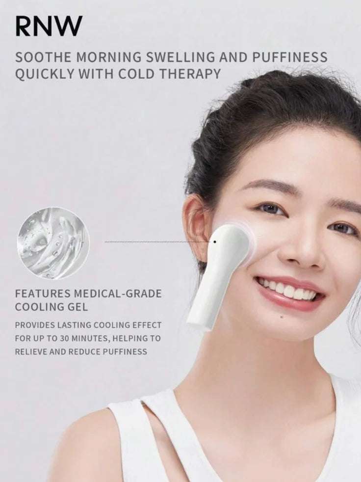 A model using The Cryo-Sculpt Cooling Facial Massager to gently glide over her cheek and jawline, illustrating how the tool is used for depuffing and sculpting.
